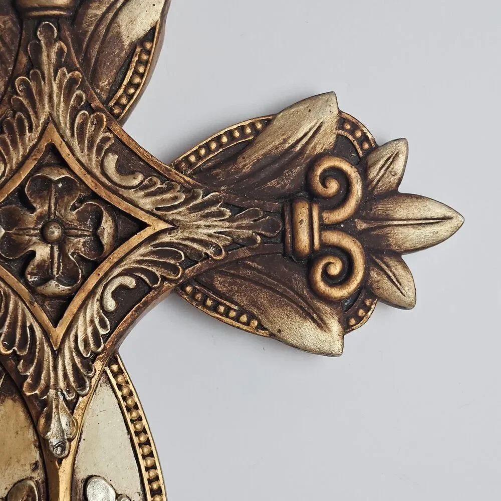 Ornate Wall Cross Fleur De Lis Gothic Gold Bronze Resin Religious Decor 14